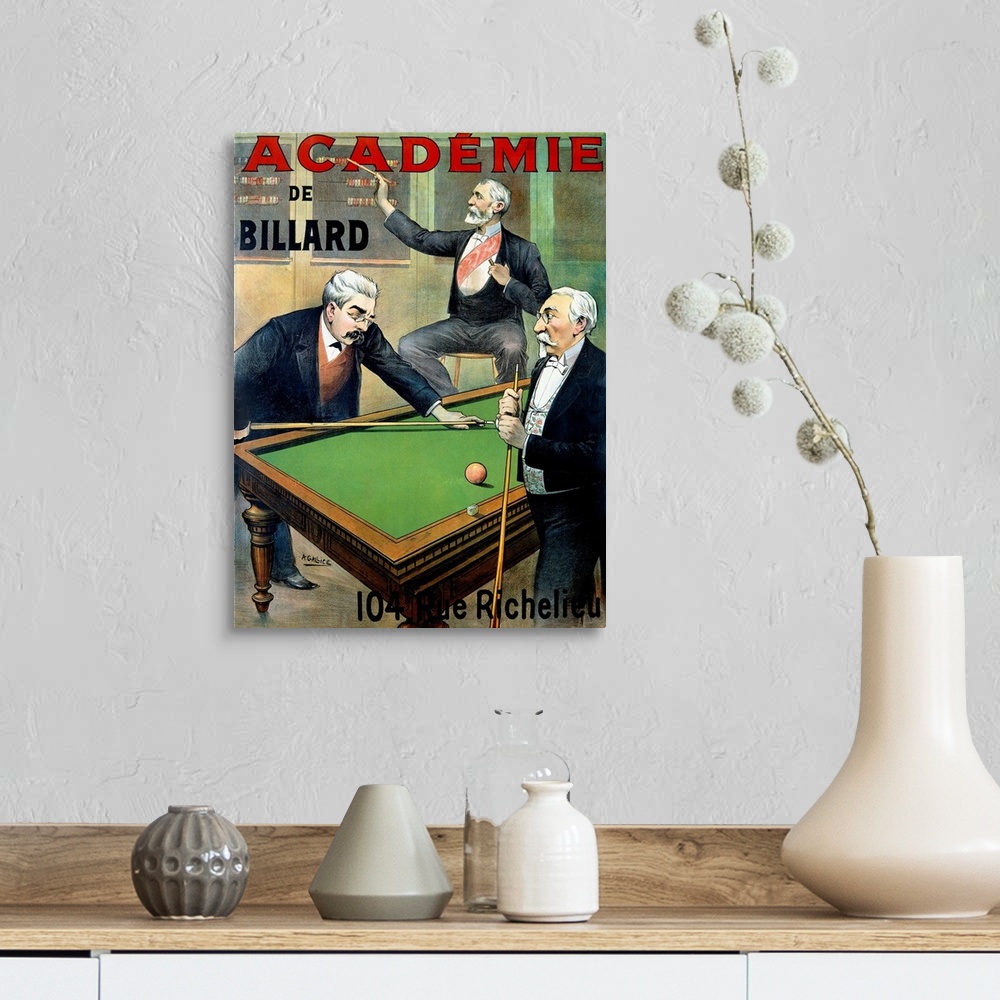 A farmhouse room featuring Vertical, vintage advertisement with the text "Academie de Billard" of two men playing pool, whil...