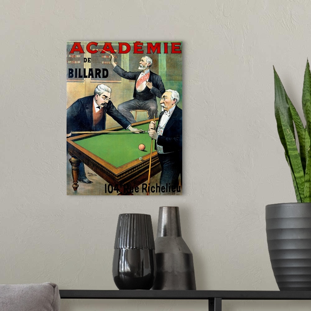 A modern room featuring Vertical, vintage advertisement with the text "Academie de Billard" of two men playing pool, whil...