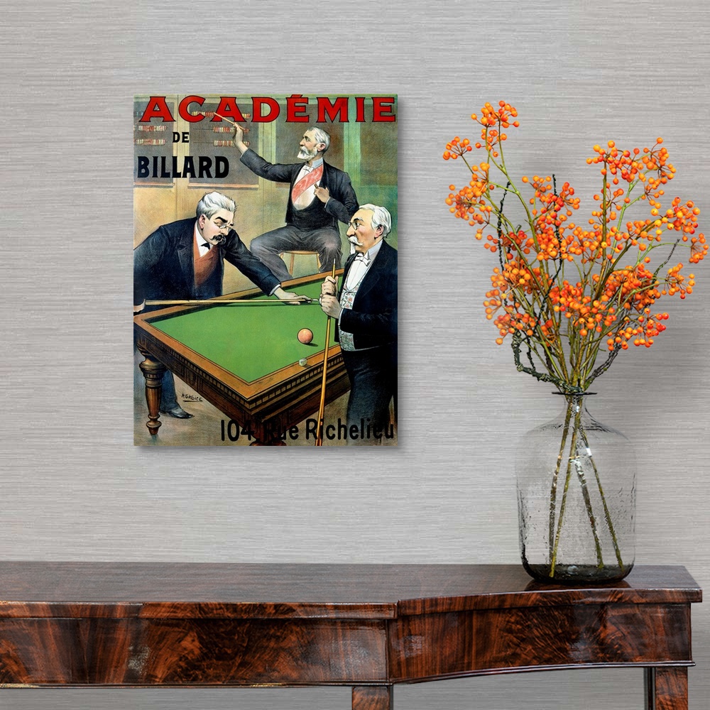 A traditional room featuring Vertical, vintage advertisement with the text "Academie de Billard" of two men playing pool, whil...