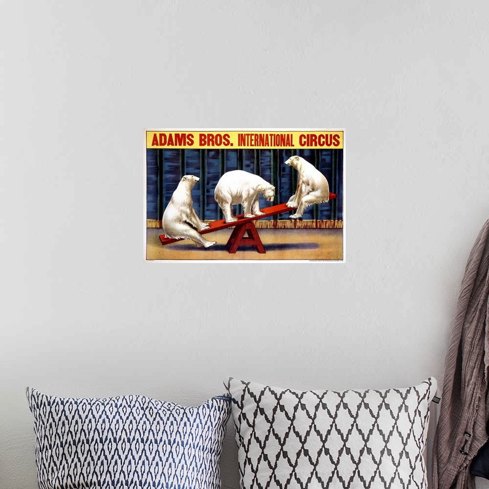 A bohemian room featuring Giant canvas art showcases an advertisement for a carnival as three polar bears are seen balancin...