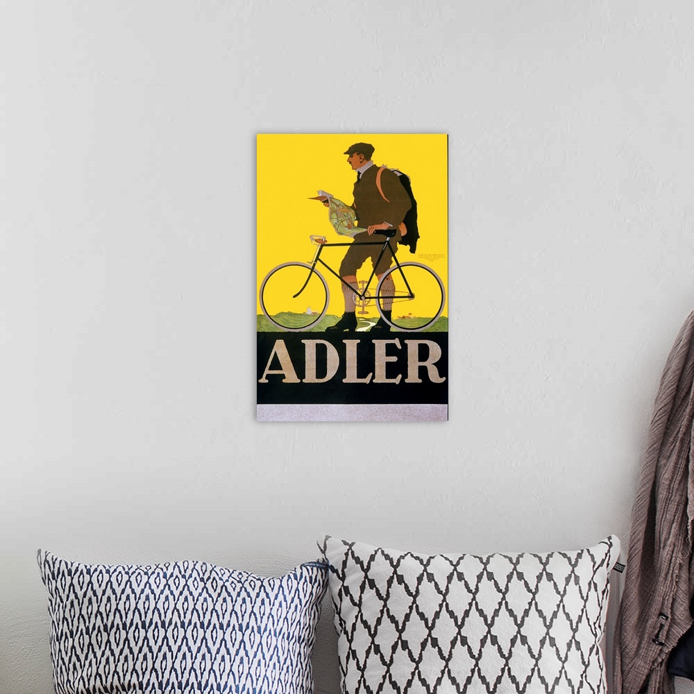 A bohemian room featuring Antique poster of a painting of a man walking next to a bicycle holding a map.