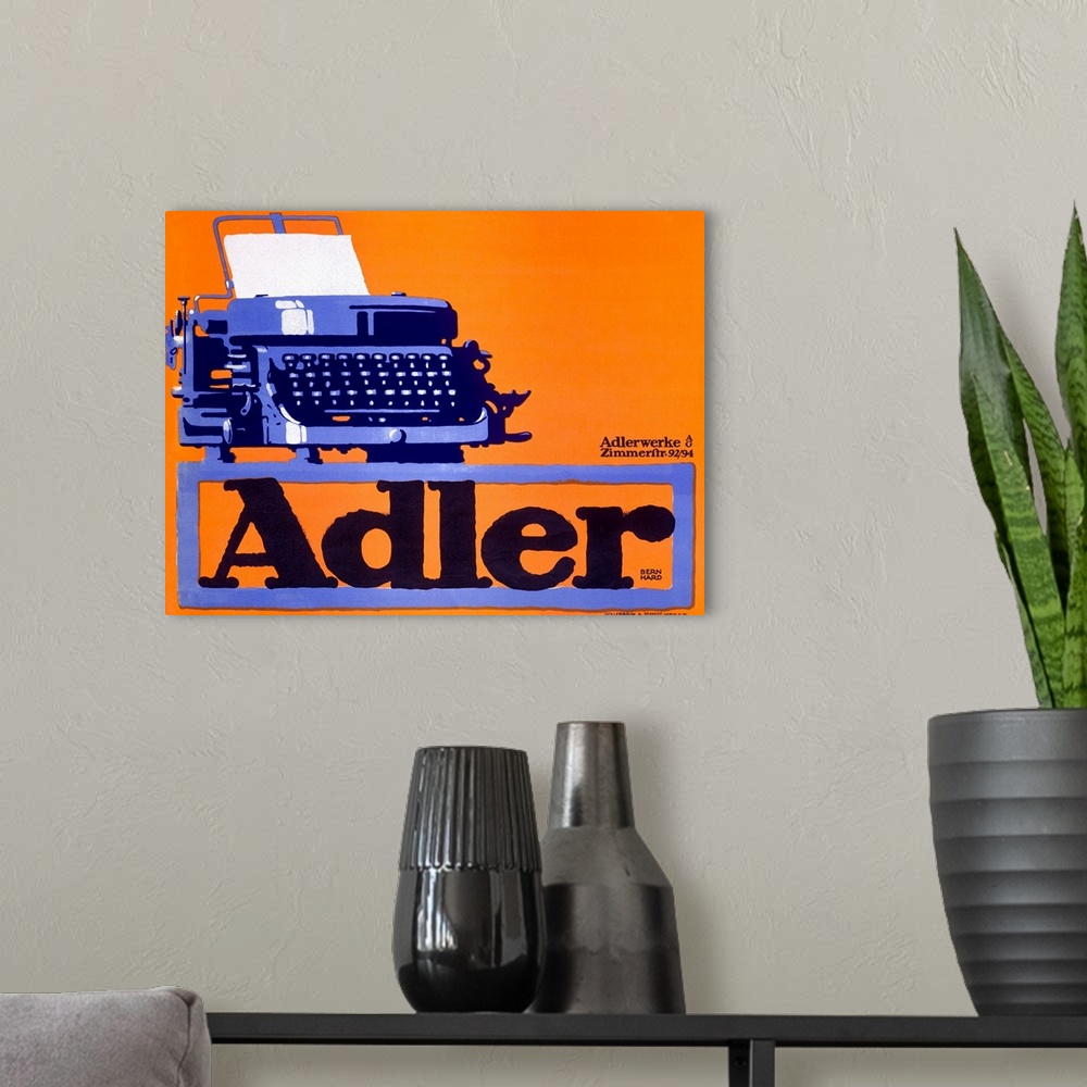 A modern room featuring Classic advertisement for Adler Typewriters featuring a typewriter sitting on top of the company ...
