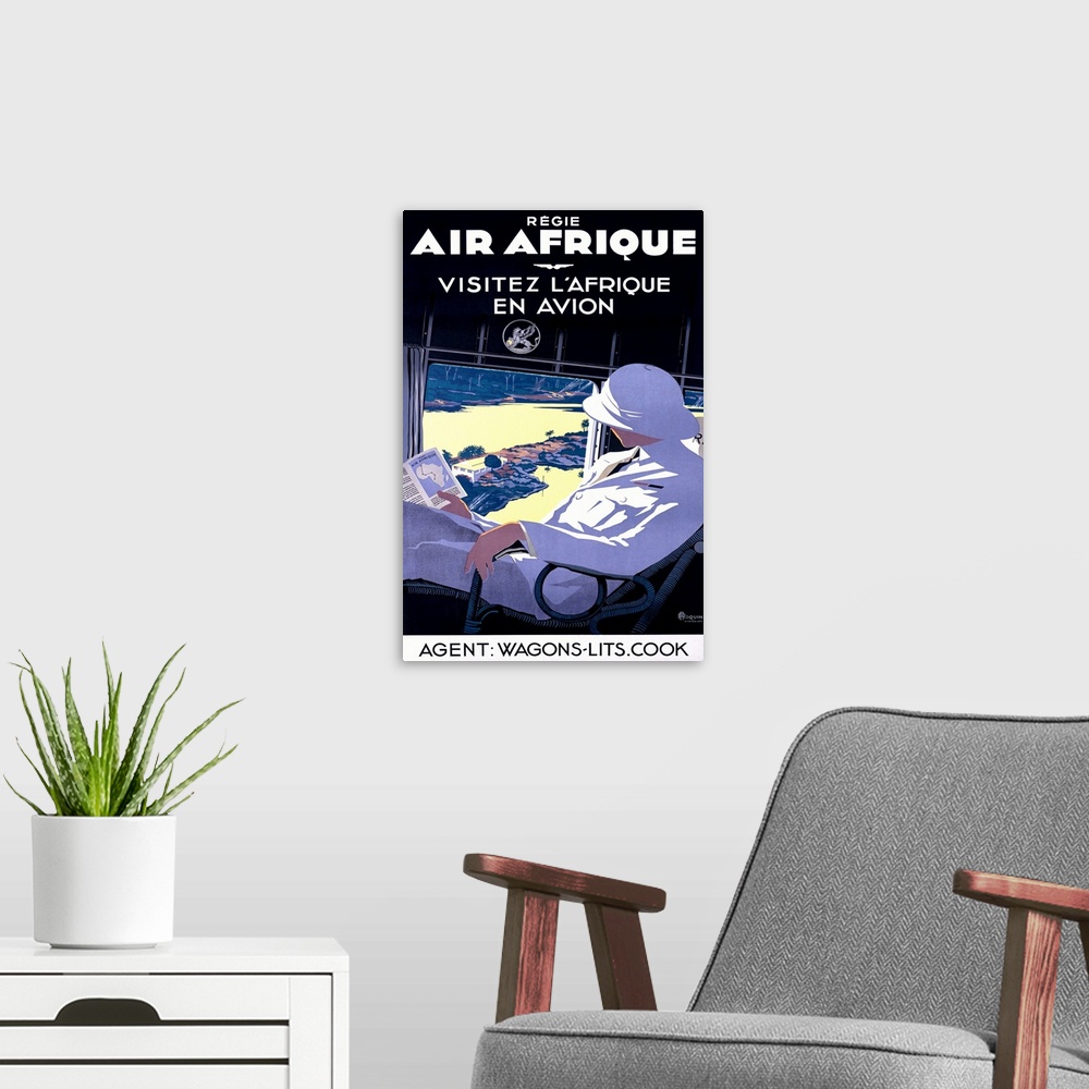 A modern room featuring Retro poster on canvas of a man sitting in a plane seat looking out the window at the landscape b...