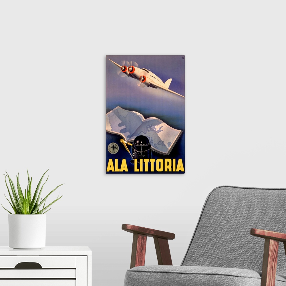 A modern room featuring Ala Littoria, Airline, Vintage Poster