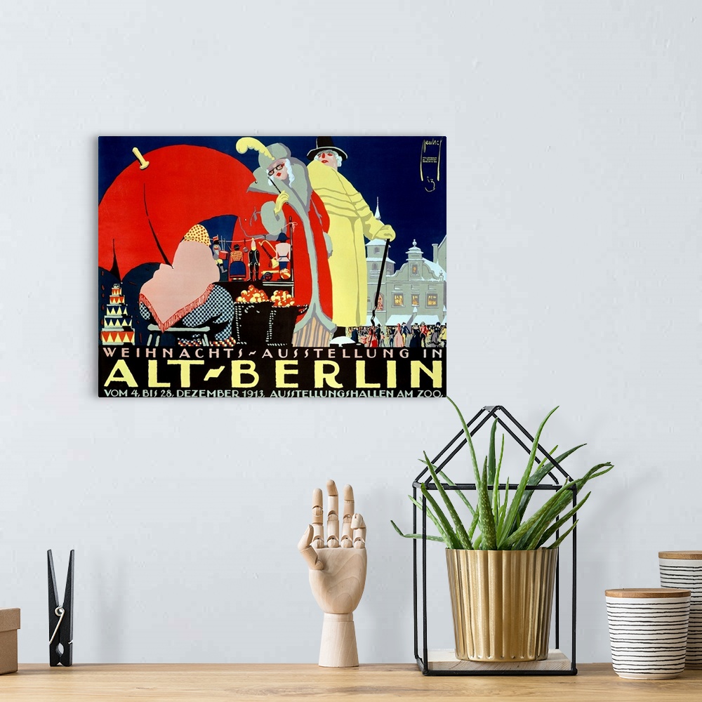 A bohemian room featuring Landscape large vintage advertisement for Alt Berlin, of a man and woman dressed in elegant cloth...