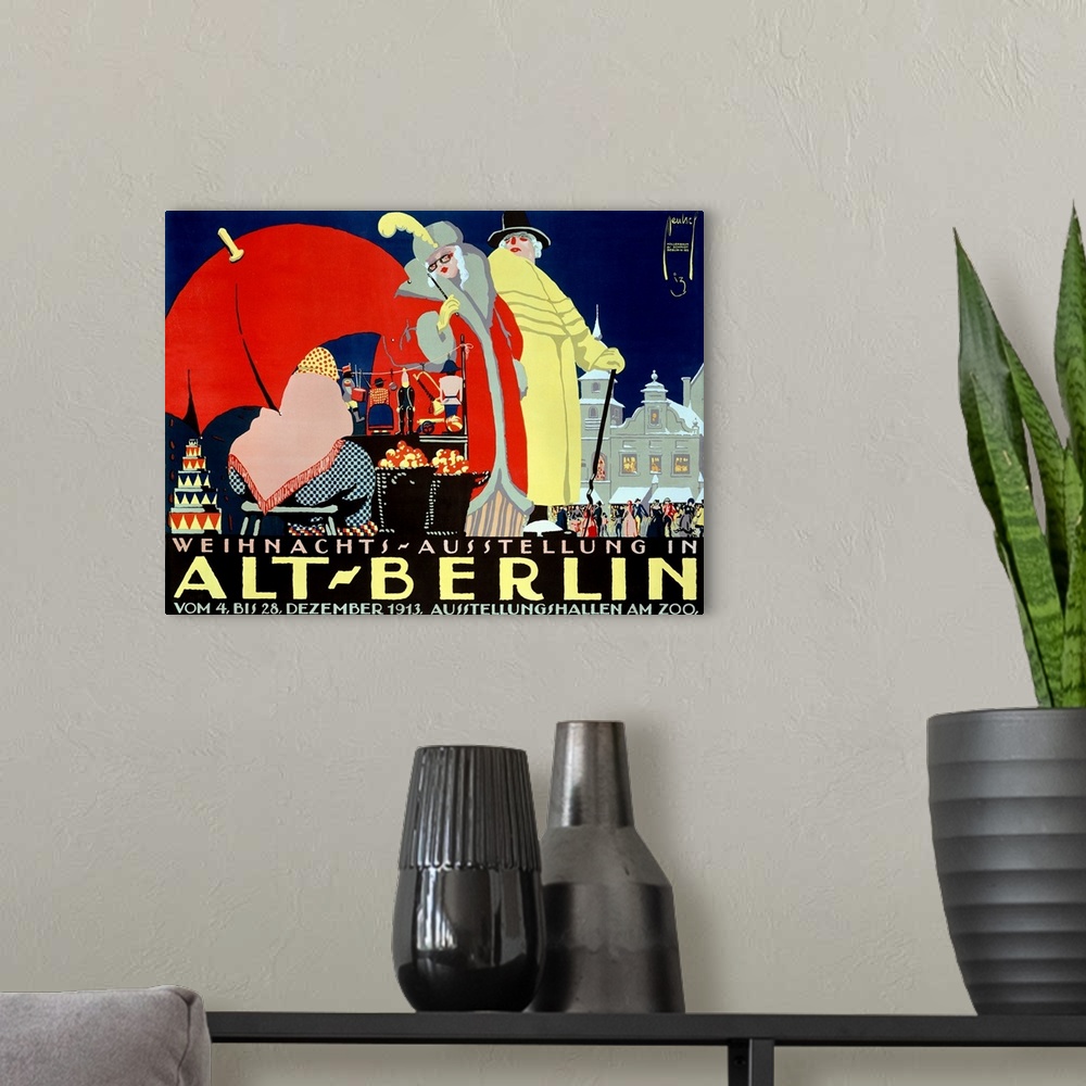 A modern room featuring Landscape large vintage advertisement for Alt Berlin, of a man and woman dressed in elegant cloth...