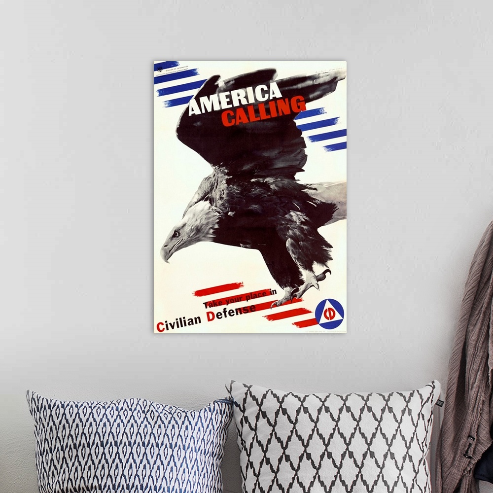 A bohemian room featuring America Calling, Civilian Defense, Vintage Poster, by Herbert Matter