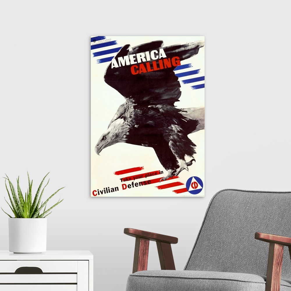 A modern room featuring America Calling, Civilian Defense, Vintage Poster, by Herbert Matter