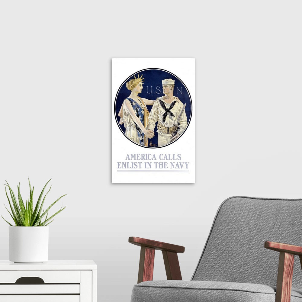 A modern room featuring America Calls, Enlist in the Navy, Vintage Poster, by Joseph Christian Leyendecker