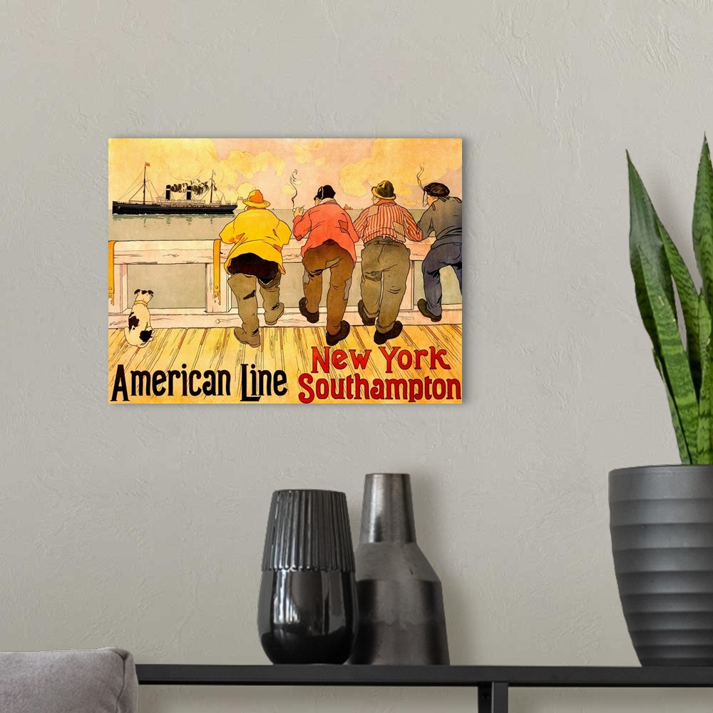 A modern room featuring Classic advertisement for American Line New York to Southampton routes.