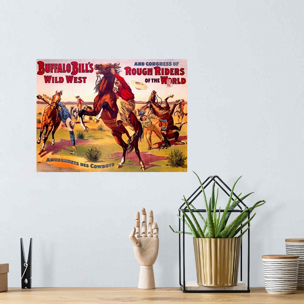 A bohemian room featuring A piece of vintage artwork that has numerous cowboys being thrown off the backs of the horses the...