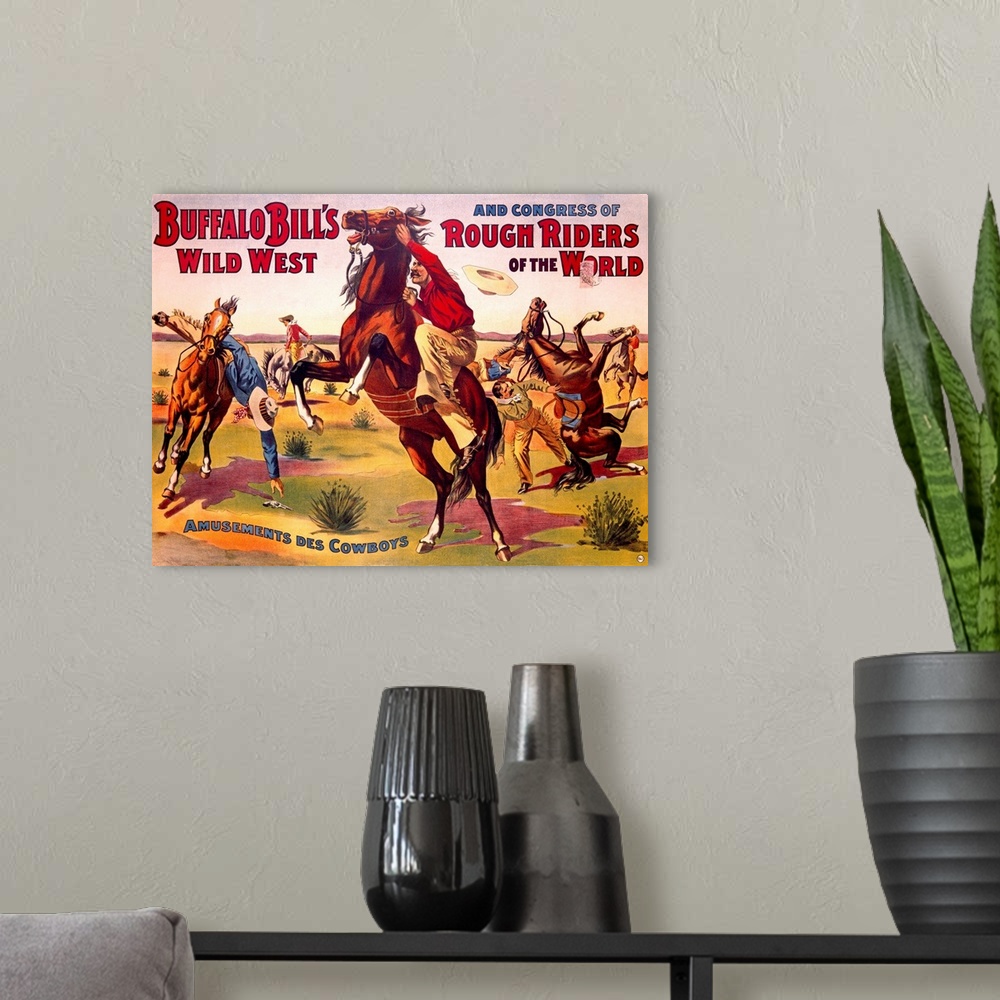A modern room featuring A piece of vintage artwork that has numerous cowboys being thrown off the backs of the horses the...