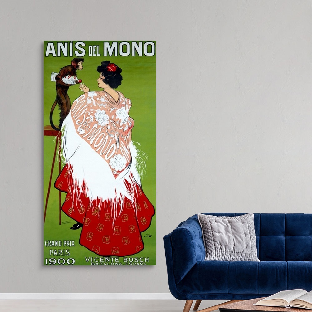 A modern room featuring Vintage advertisement for alcohol featuring a small monkey pouring a bottle of anise liquor into ...