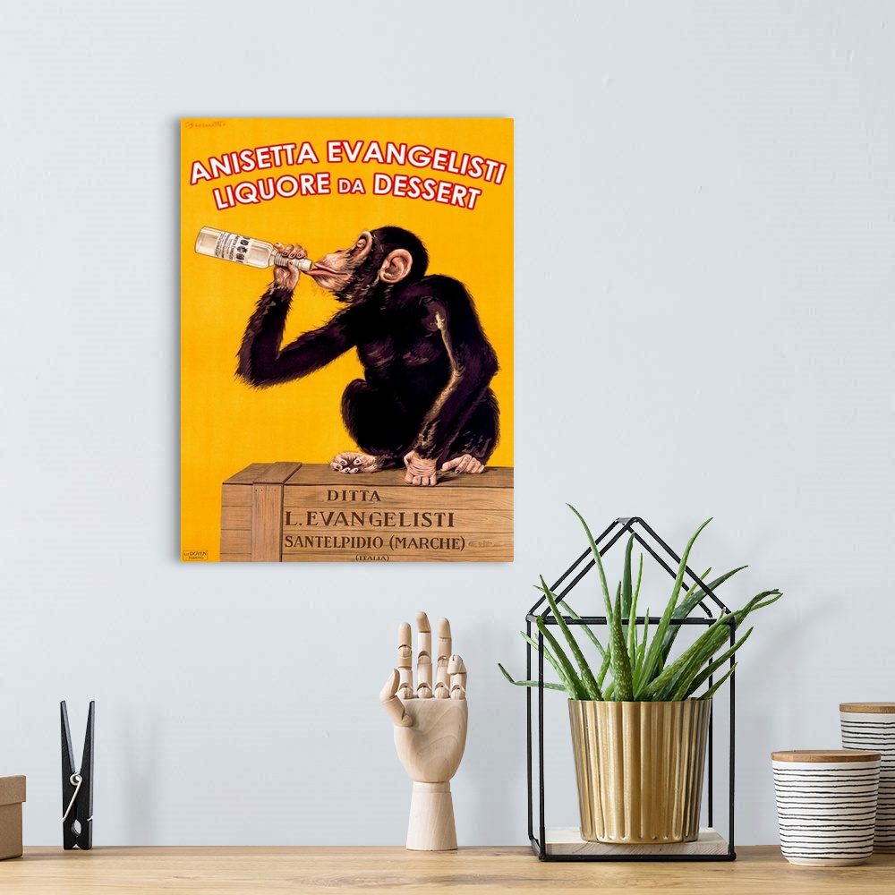 A bohemian room featuring Antique poster print of a monkey sitting on top of a wooden crate drinking a bottle of liquor.