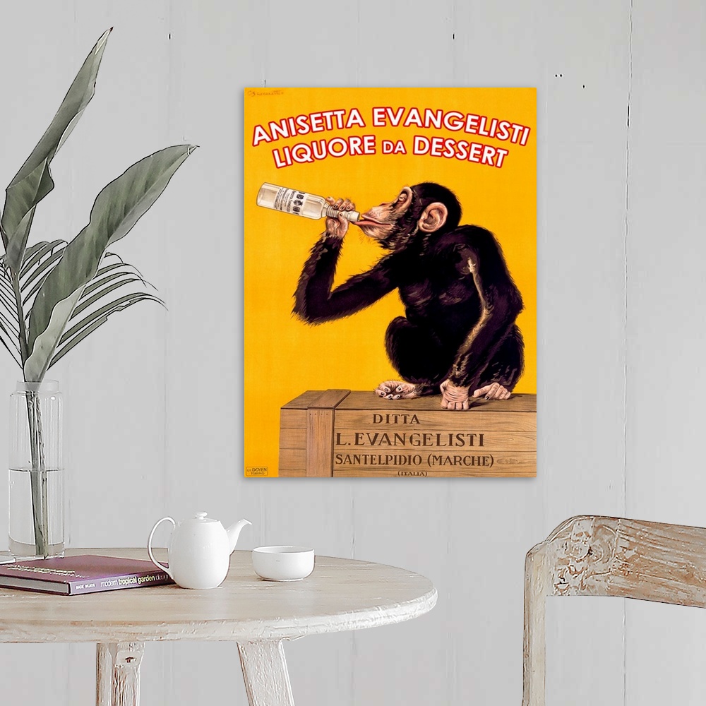 A farmhouse room featuring Antique poster print of a monkey sitting on top of a wooden crate drinking a bottle of liquor.