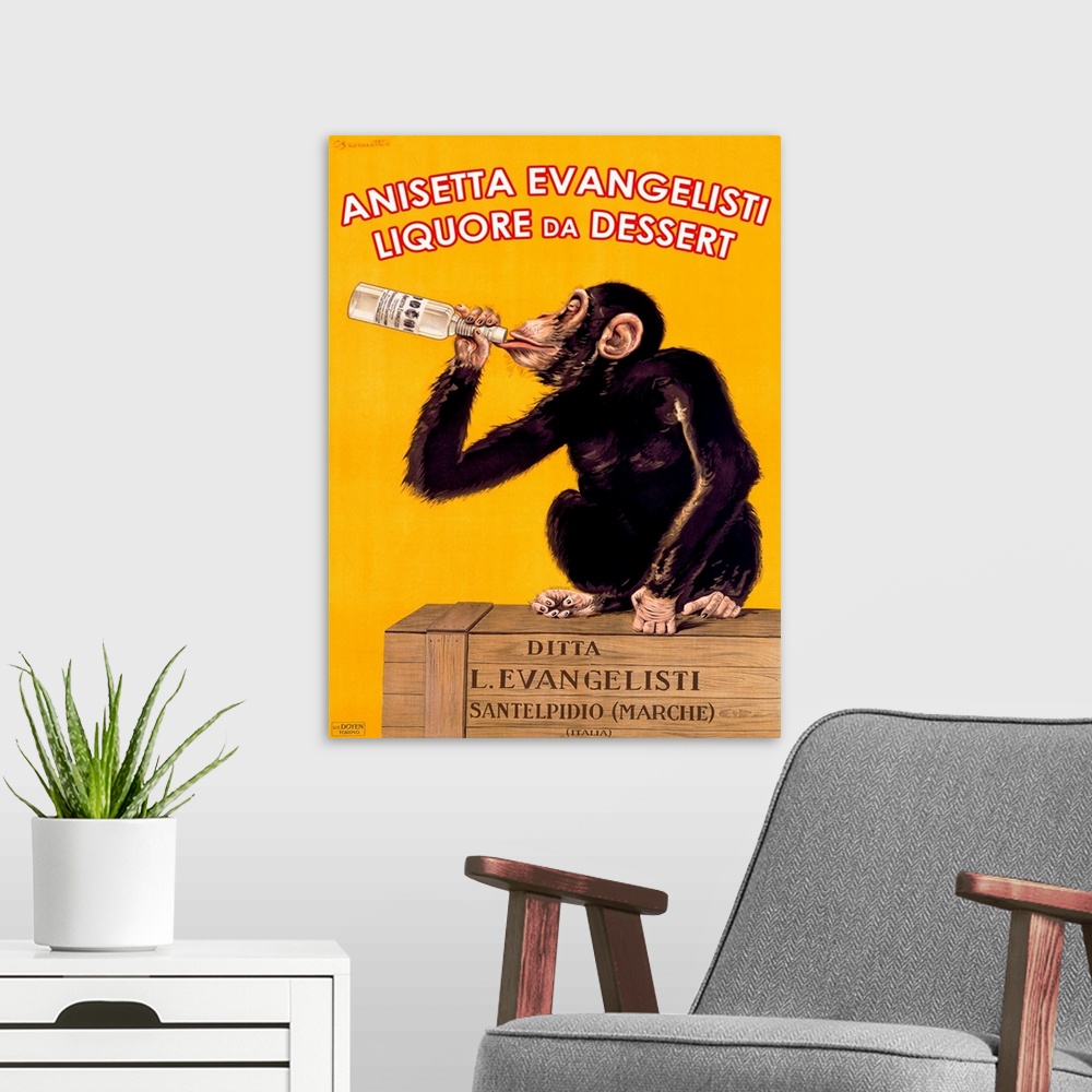 A modern room featuring Antique poster print of a monkey sitting on top of a wooden crate drinking a bottle of liquor.