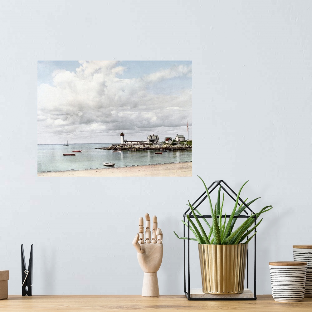 A bohemian room featuring This large piece shows boats with no one in them sitting in the water. A lighthouse stands at the...