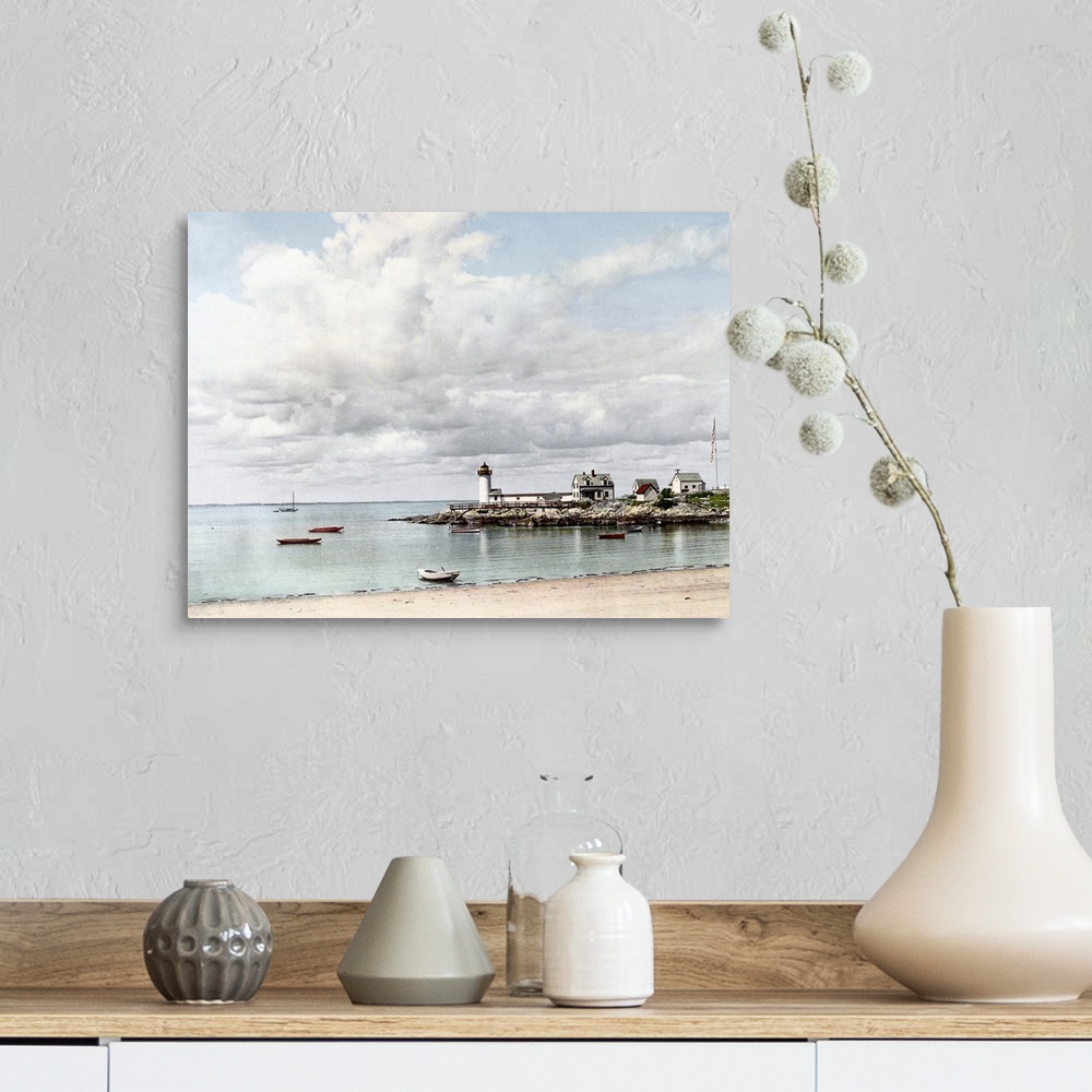 A farmhouse room featuring This large piece shows boats with no one in them sitting in the water. A lighthouse stands at the...