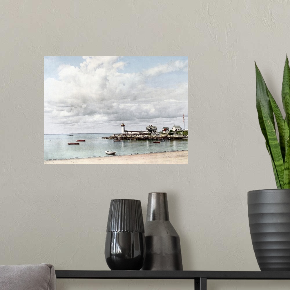A modern room featuring This large piece shows boats with no one in them sitting in the water. A lighthouse stands at the...