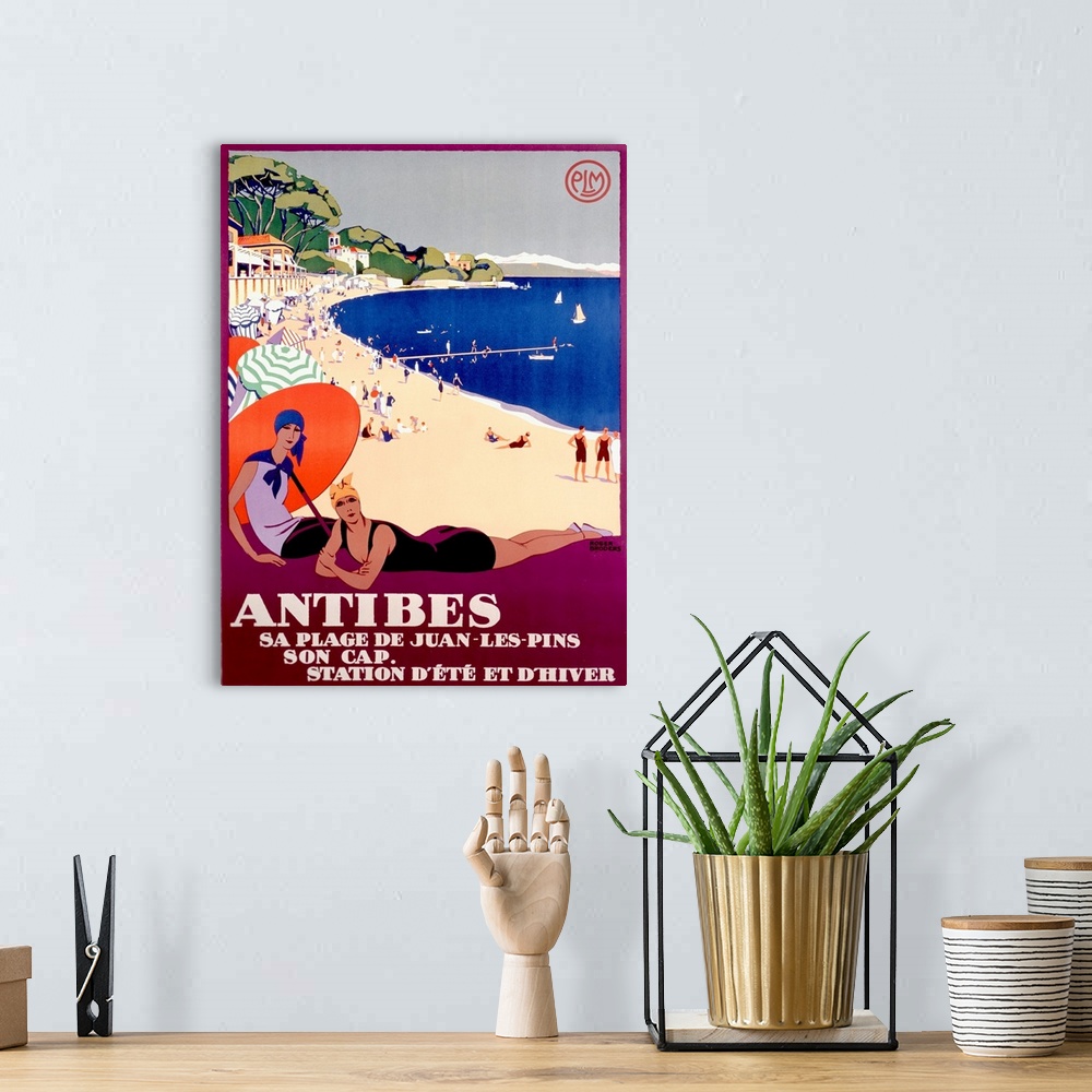 A bohemian room featuring This vintage poster has two women in bathing suits showcased in the foreground with a beach full ...
