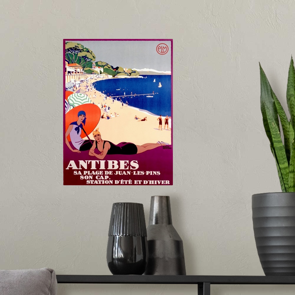 A modern room featuring This vintage poster has two women in bathing suits showcased in the foreground with a beach full ...