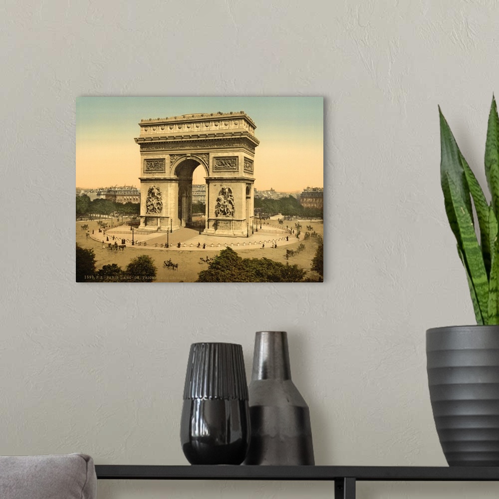 A modern room featuring Hand colored photograph of arc de triomphe, de l'etoile, Paris, France.