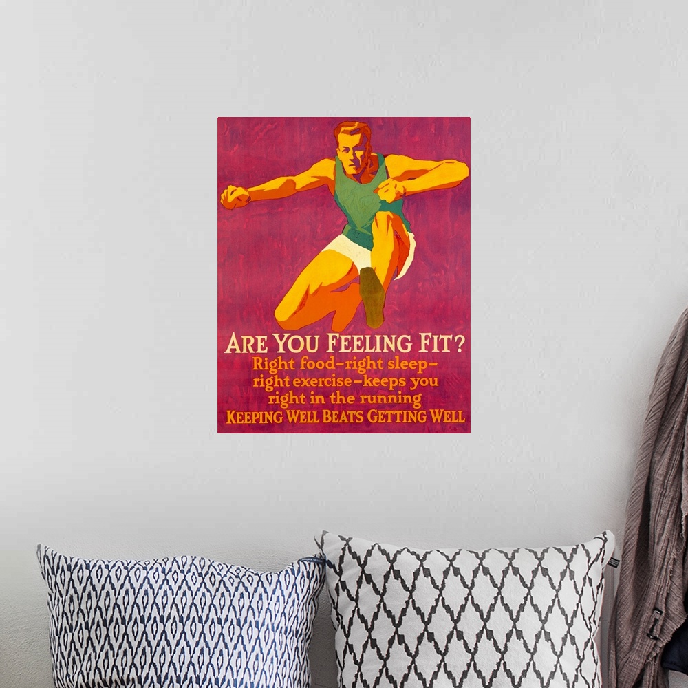 A bohemian room featuring Vintage poster depicting a man in athletic wear jumping over a hurdle. The poster advocates healt...
