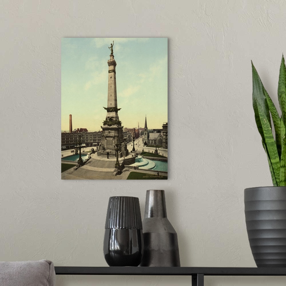 A modern room featuring Hand colored photograph of army and navy monument, Indianapolis, Indiana.