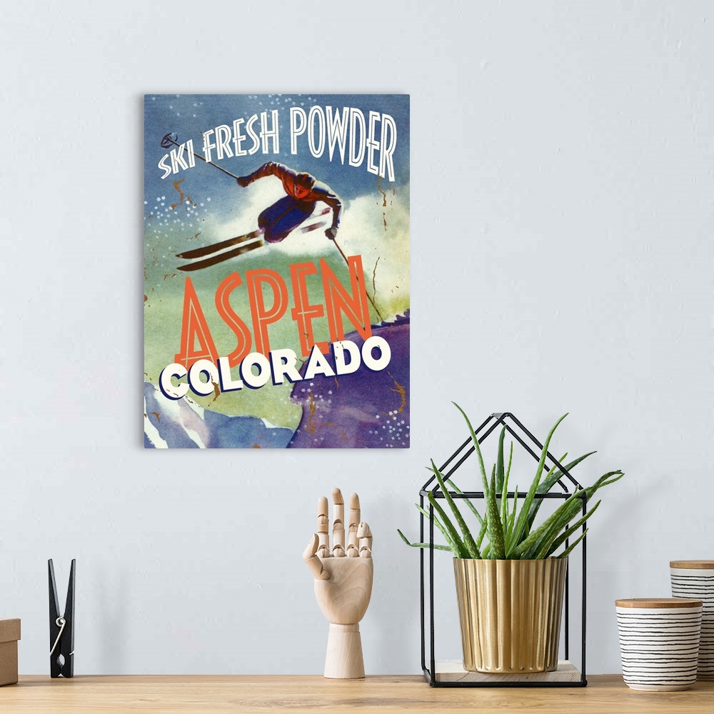 A bohemian room featuring Aspen Colorado Ski Fresh Powder Vintage Advertising Poster