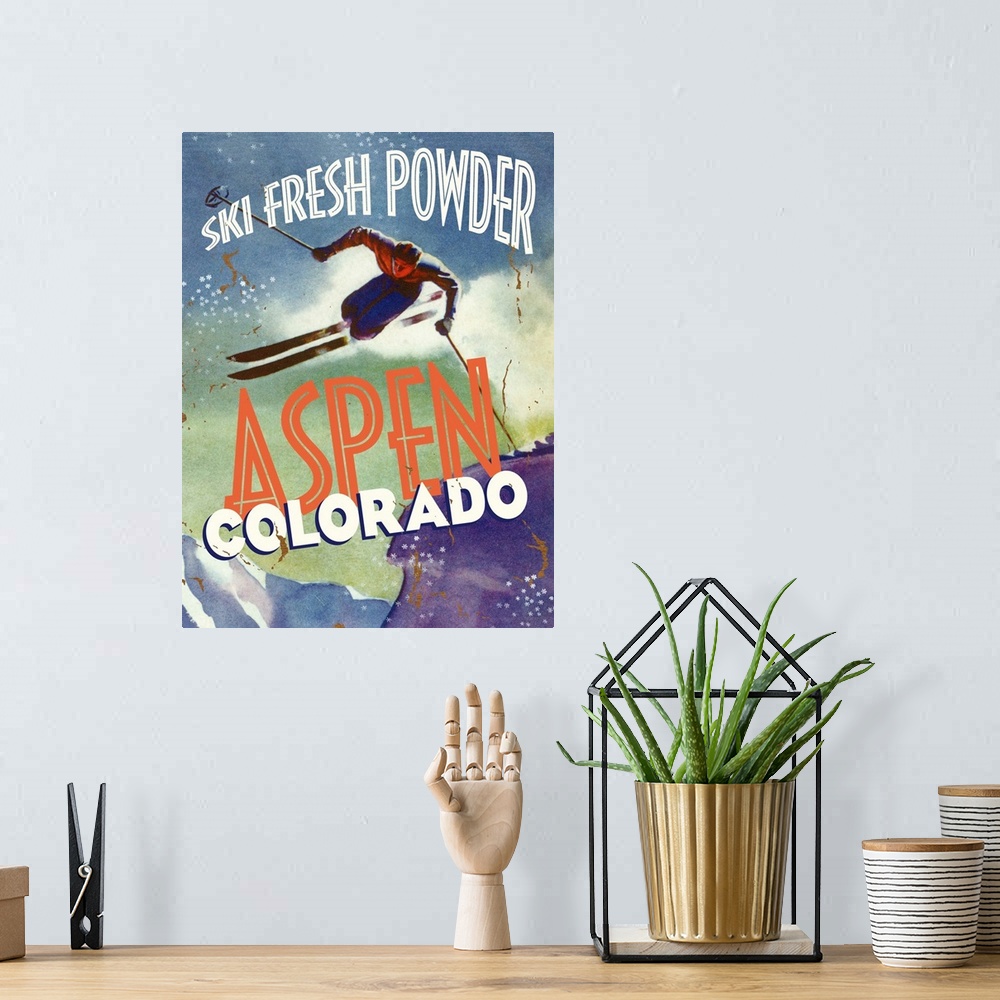 A bohemian room featuring Aspen Colorado Ski Fresh Powder Vintage Advertising Poster