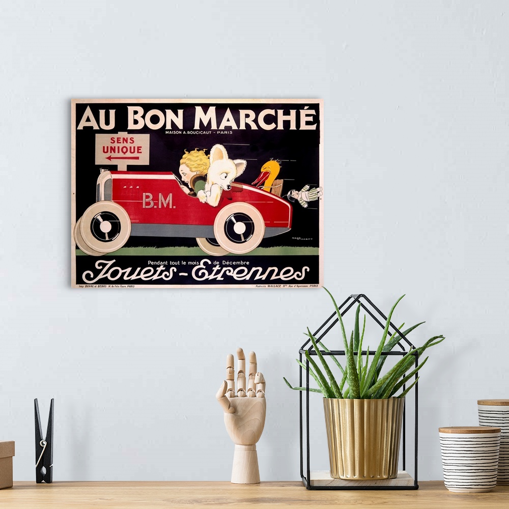 A bohemian room featuring Classic advertisement for the Au Bon Marche featuring a woman driving a car with an animal in the...