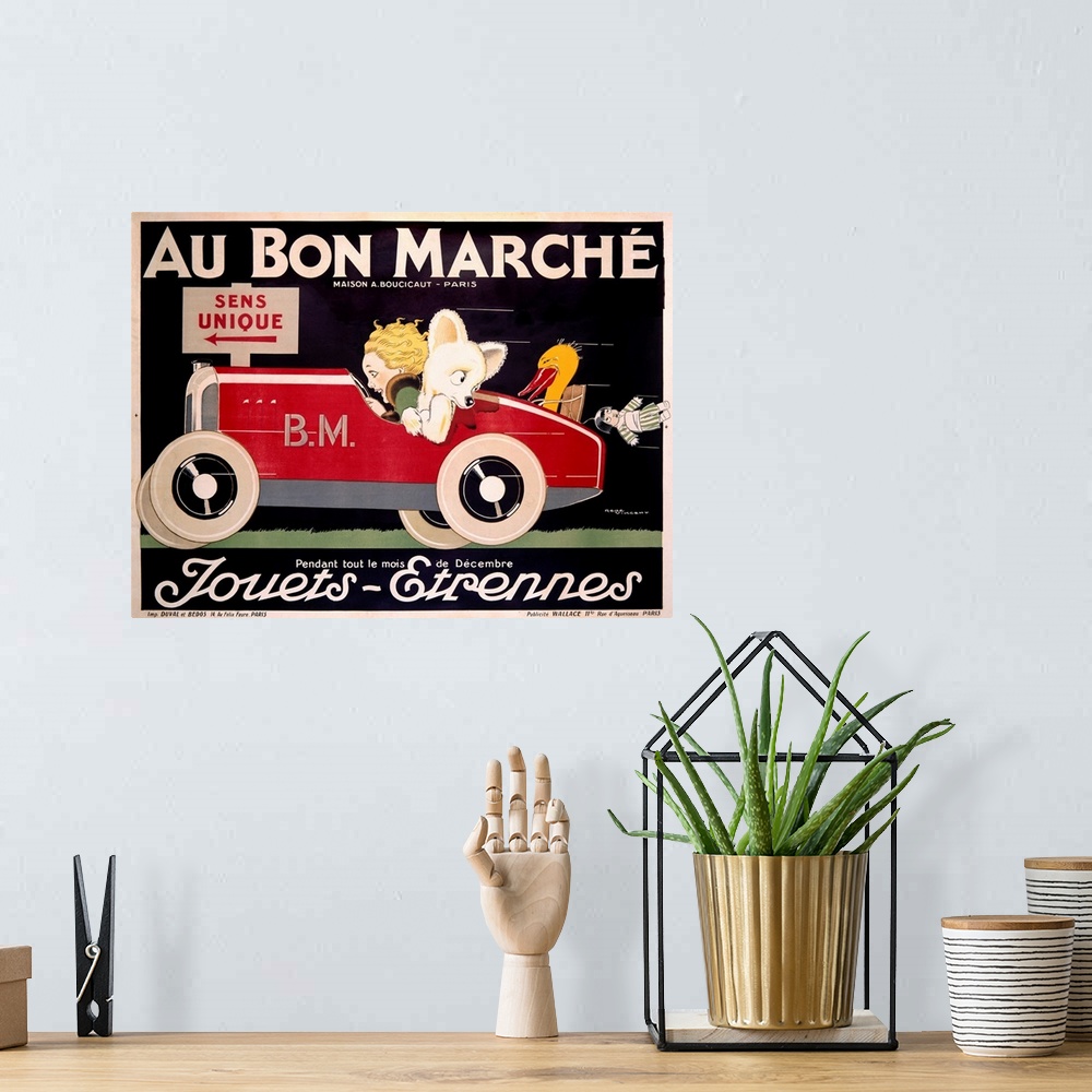 A bohemian room featuring Classic advertisement for the Au Bon Marche featuring a woman driving a car with an animal in the...
