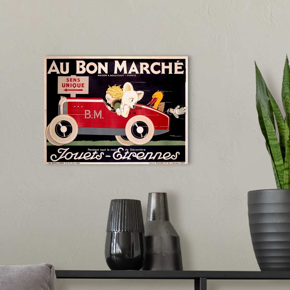 A modern room featuring Classic advertisement for the Au Bon Marche featuring a woman driving a car with an animal in the...