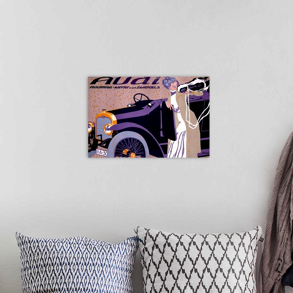 A bohemian room featuring Large, horizontal vintage advertisement for an Audi automobile, of a woman standing next to a car...