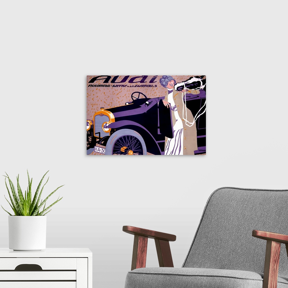 A modern room featuring Large, horizontal vintage advertisement for an Audi automobile, of a woman standing next to a car...