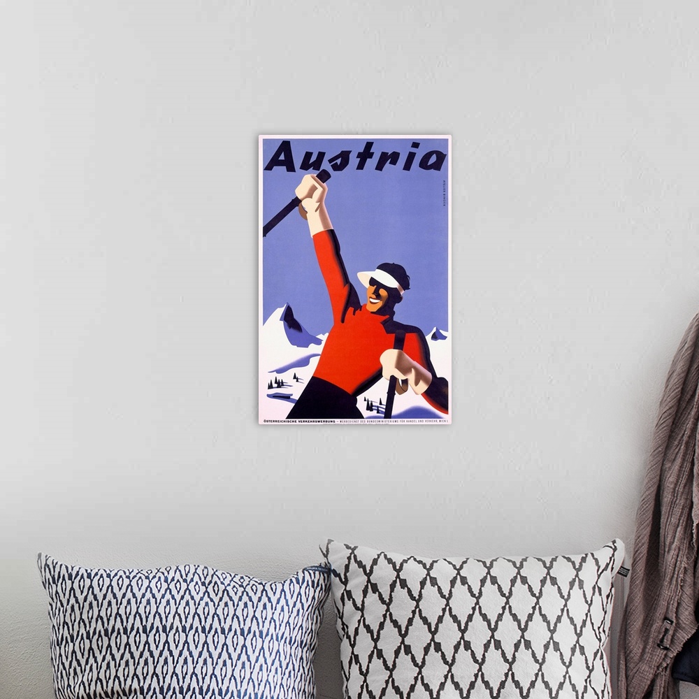 A bohemian room featuring Austria Ski Vacation, Vintage Poster, by Joseph Binder