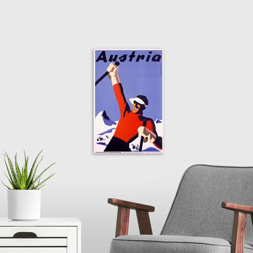 A modern room featuring Austria Ski Vacation, Vintage Poster, by Joseph Binder