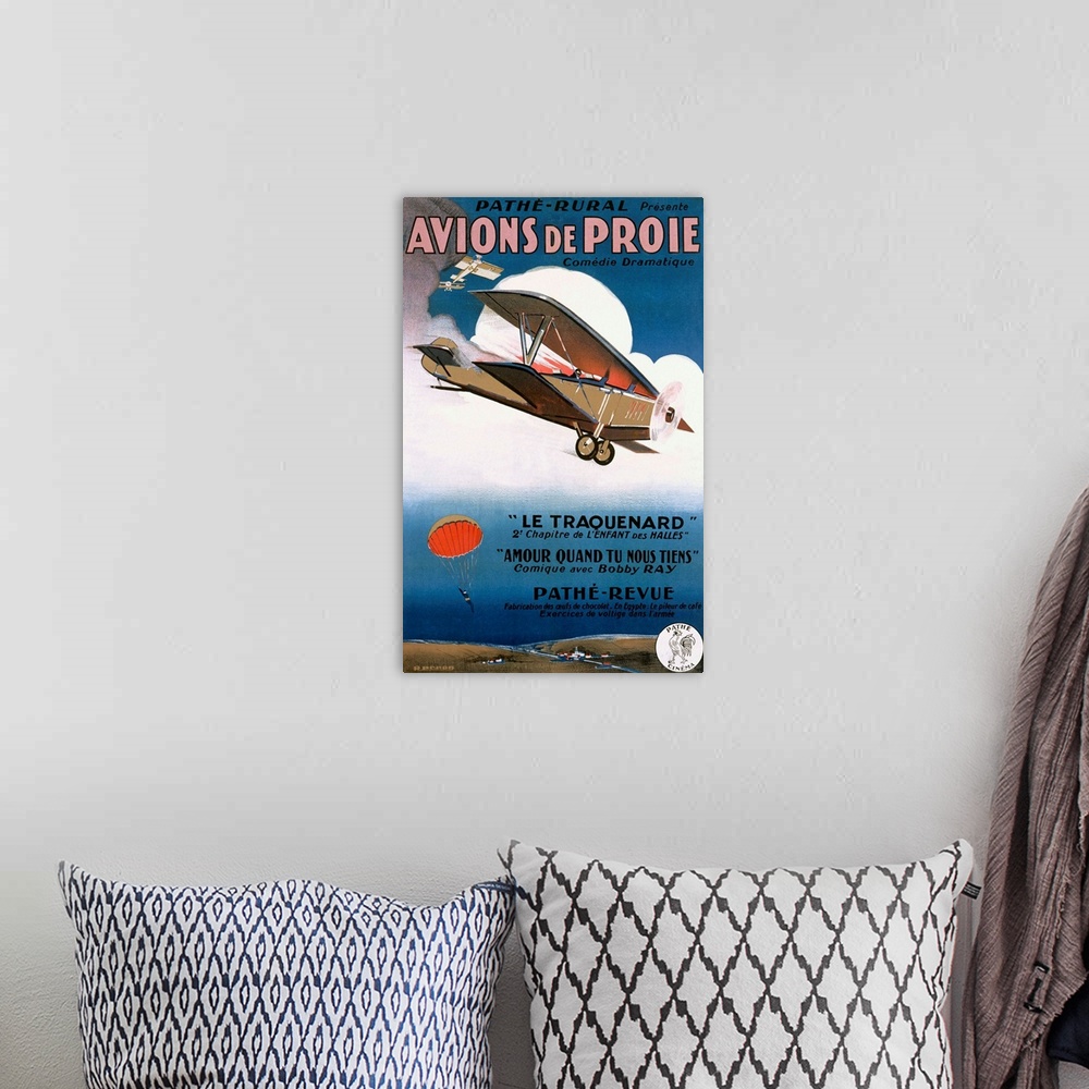 A bohemian room featuring Avions de Proie, Comedie Dramatique, Vintage Poster