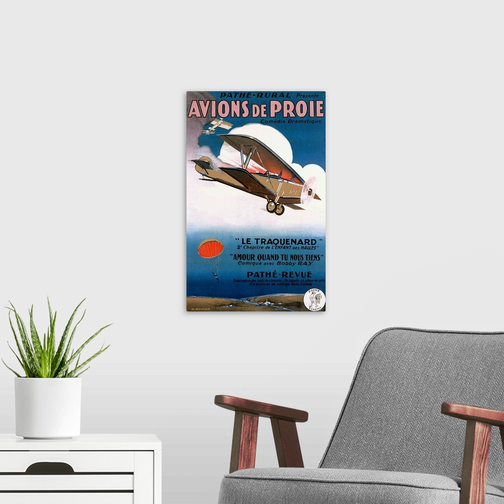 A modern room featuring Avions de Proie, Comedie Dramatique, Vintage Poster