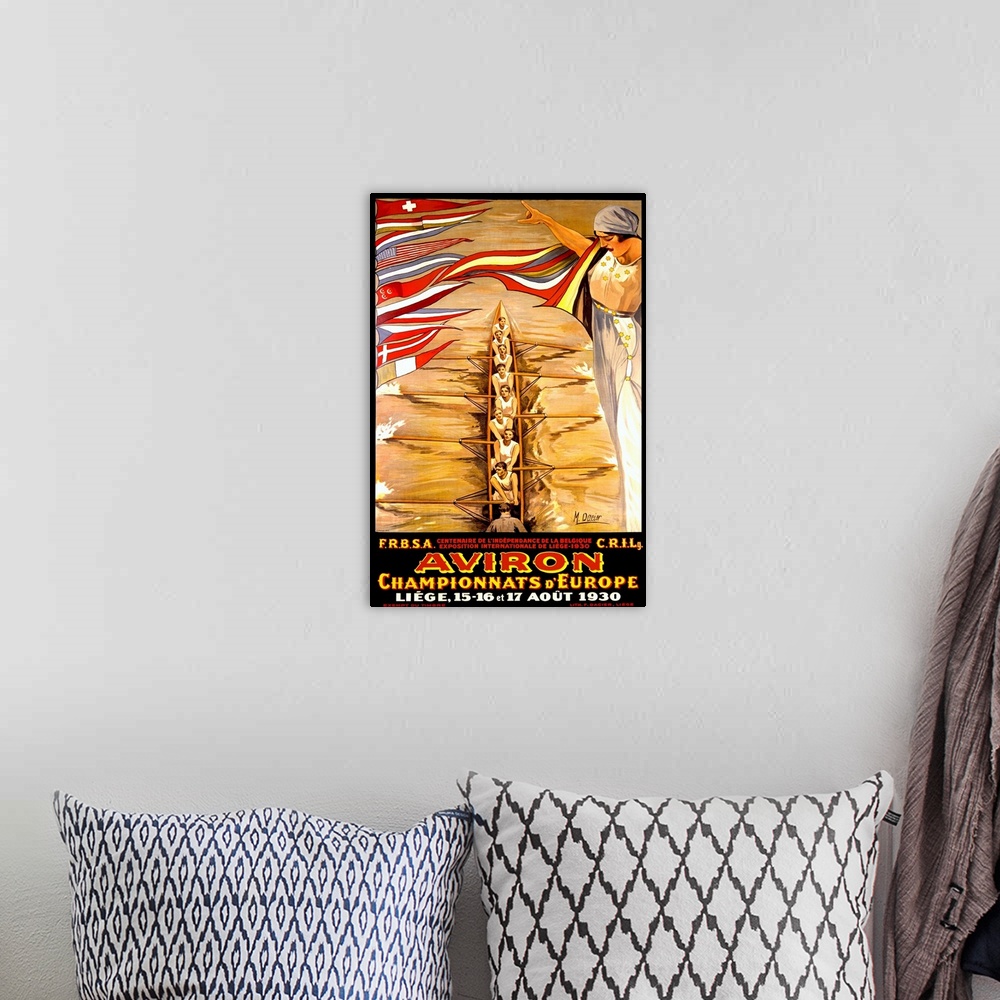 A bohemian room featuring Aviron, 1930, Championnats d'Europe, Vintage Poster