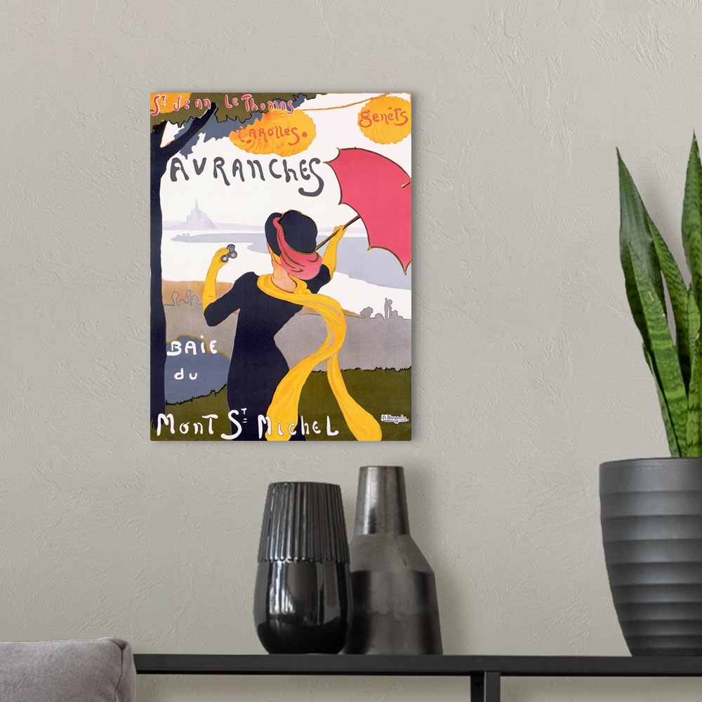 A modern room featuring Vertical, large vintage poster of a woman standing on the edge of a cliff, wearing a long scarf a...