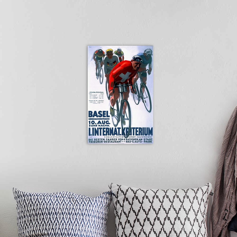 A bohemian room featuring Basel, International Bike Race, Vintage Poster