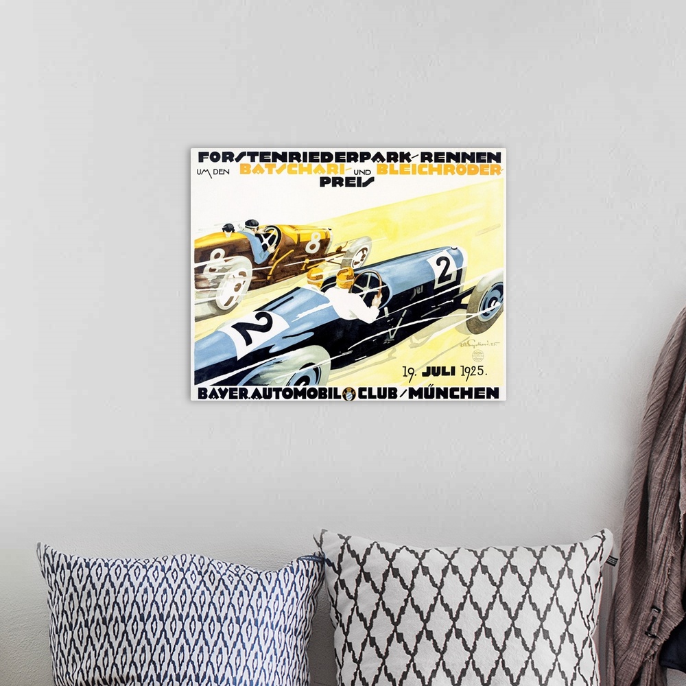 A bohemian room featuring Classic advertisement for a Bayer Automobile Club race with two race cars moving fast.