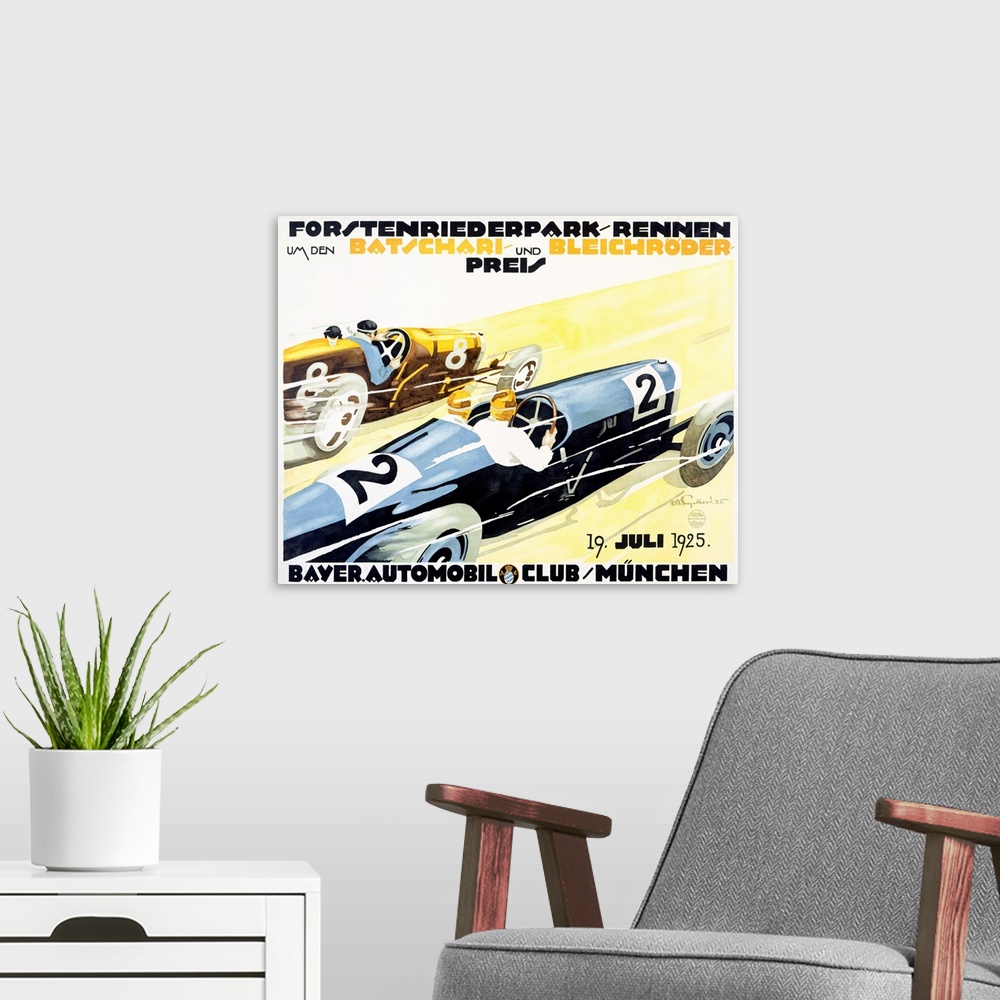 A modern room featuring Classic advertisement for a Bayer Automobile Club race with two race cars moving fast.