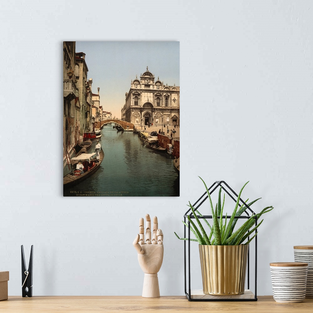 A bohemian room featuring Hand colored photograph of before St. Mark's and public hospital, Venice, Italy.