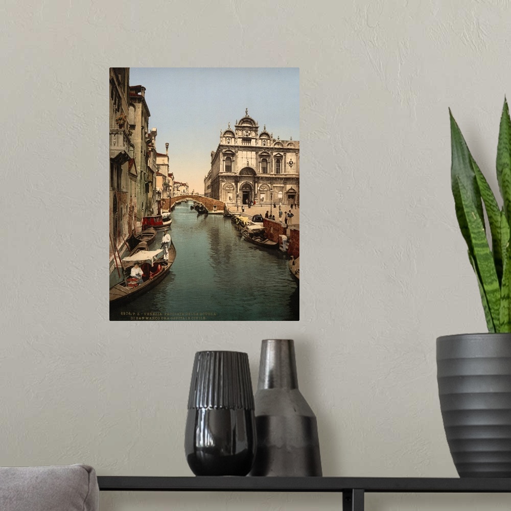 A modern room featuring Hand colored photograph of before St. Mark's and public hospital, Venice, Italy.