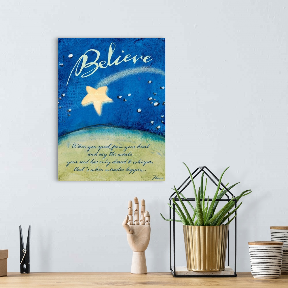 A bohemian room featuring Motivational Believe poster with a shooting star streaking through the sky at night with the text...
