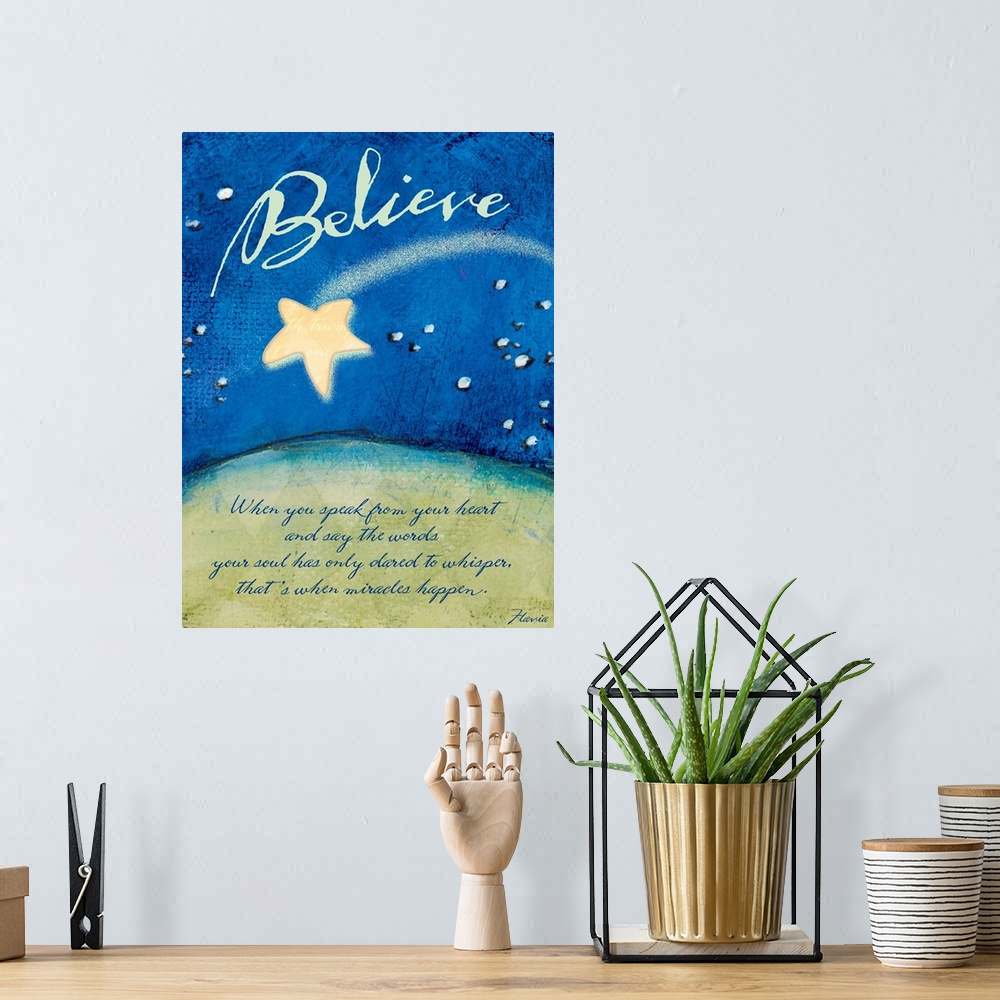 A bohemian room featuring Motivational Believe poster with a shooting star streaking through the sky at night with the text...