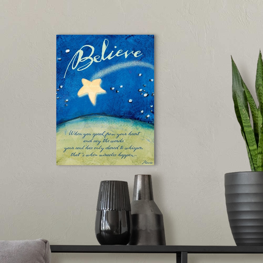 A modern room featuring Motivational Believe poster with a shooting star streaking through the sky at night with the text...