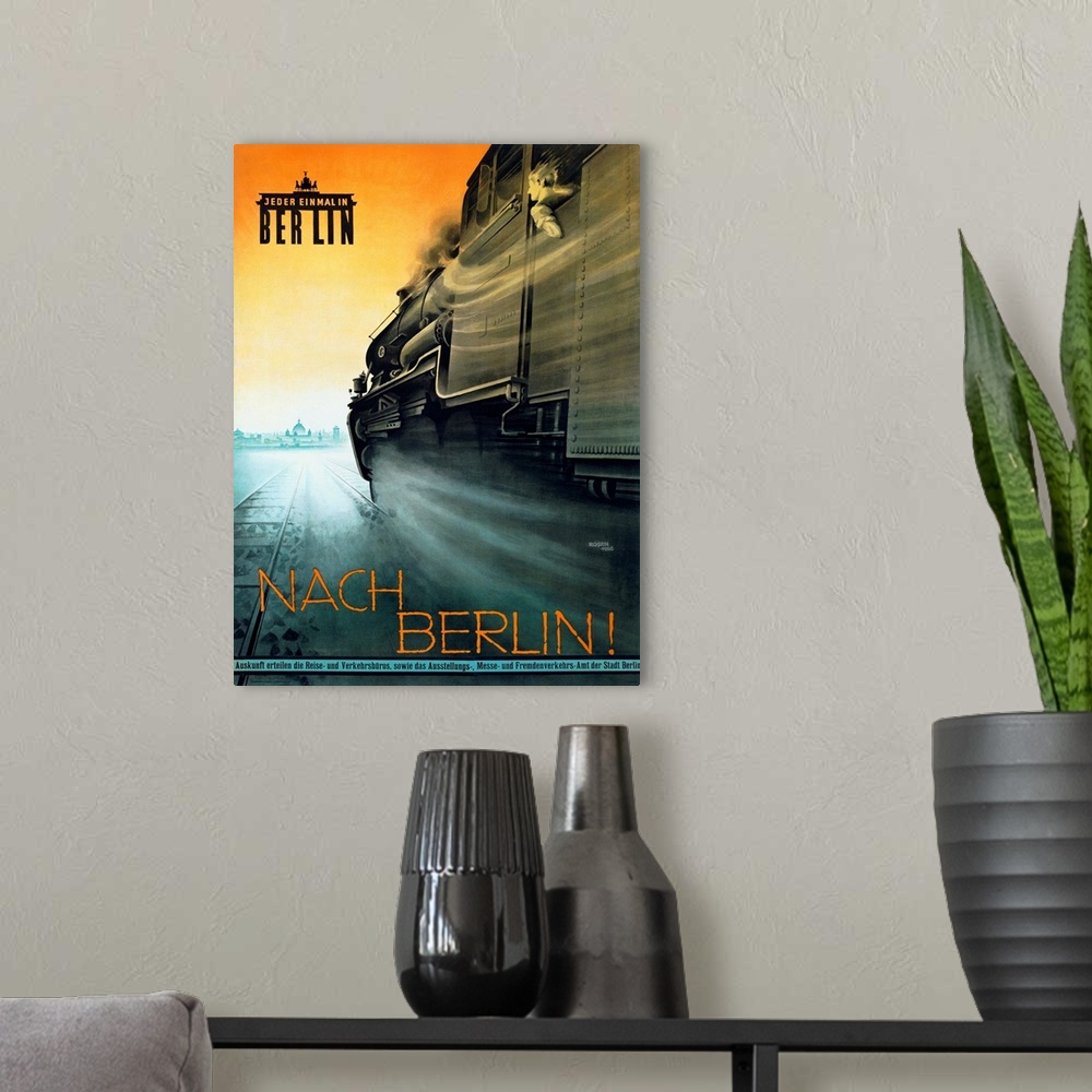 A modern room featuring Vintage Nach Berlin poster with a speeding passenger train passing by towards the city.
